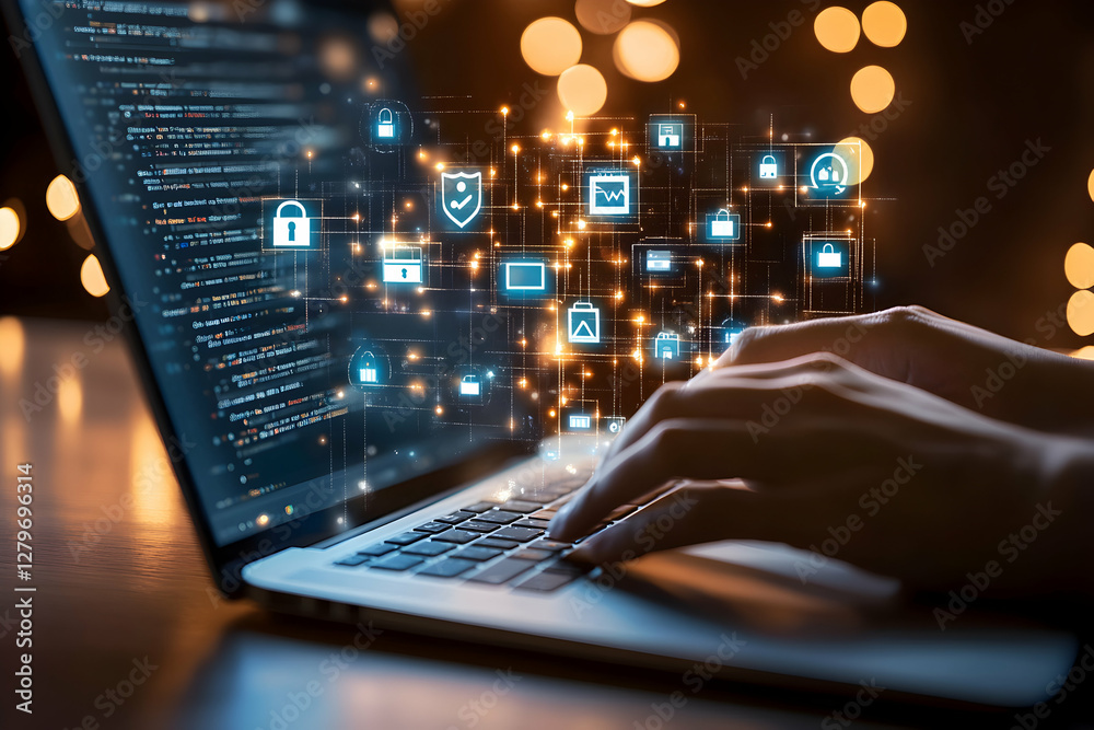 Close-up of Hands Typing on Laptop with Digital Security Icons Overlayed, Representing Cybersecurity and Network Protection Strategy, and High Technology Integration Close-up of Hands Typing on Laptop with Digital Security Icons Overlayed, Representing Cybersecurity and Network Protection Strategy, and High Technology Integration