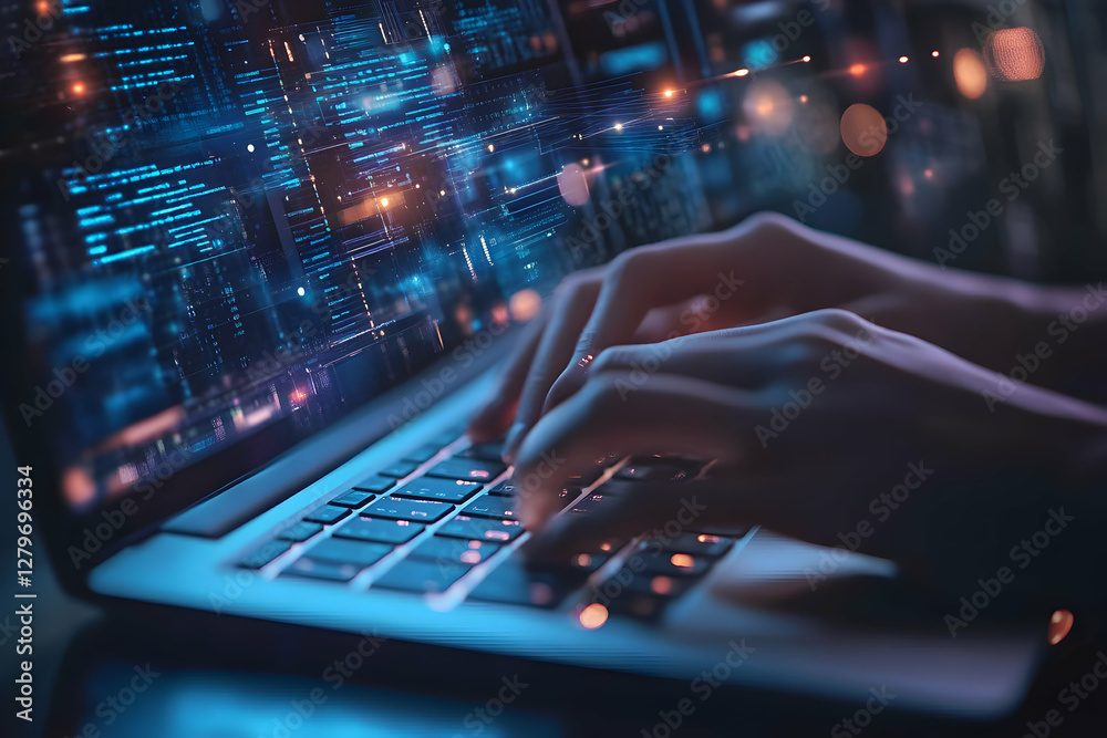 Close-up of Hands Typing on Laptop with Code Overlay, Emphasizing Modern Technology, Cybersecurity, and the Digital Workspace in a Dark Environment Close-up of Hands Typing on Laptop with Code Overlay, Emphasizing Modern Technology, Cybersecurity, and the Digital Workspace in a Dark Environment