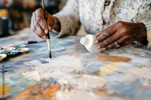 Close-up of senior woman's hands painting, holding a brush and paint bottle, artist creating artwork with vibrant colors and expressive brushstrokes in her studio