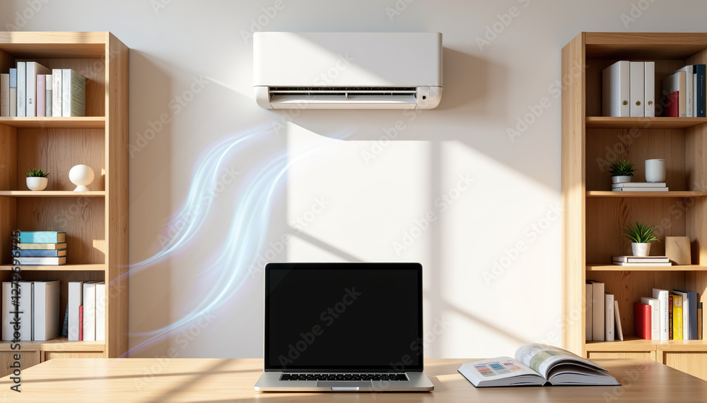 Modern workspace with laptop and air conditioner in background Modern workspace with laptop and air conditioner in background