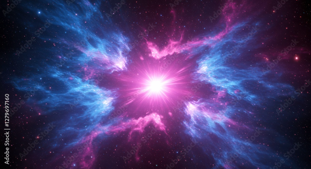 Fototapeta premium Cosmic Brilliance: A mesmerizing view of a radiant nebula with vibrant hues of pink and blue, symbolizing the vastness and beauty of space