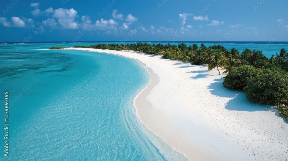 Obraz premium A bird's-eye view of an empty tropical beach, soft sand curving along the coastline.