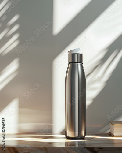 modern thermos bottle on a marble table photo