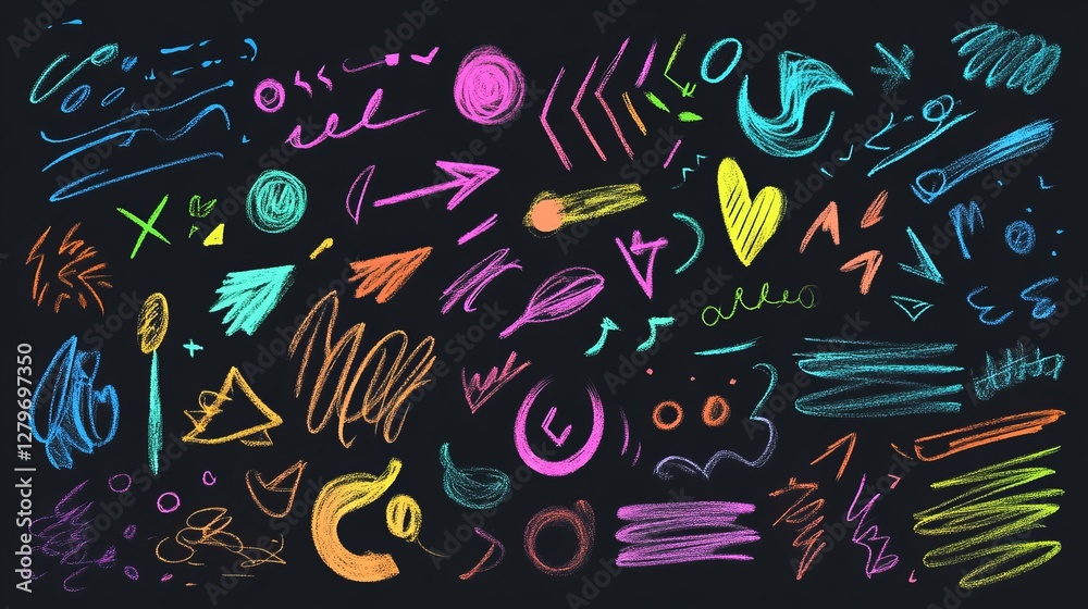 A vibrant set of hand-drawn highlighter strokes, including underlines, arrows, circles, and scribbles, isolated on a transparent background for vector design A vibrant set of hand-drawn highlighter strokes, including underlines, arrows, circles, and scribbles, isolated on a transparent background for vector design