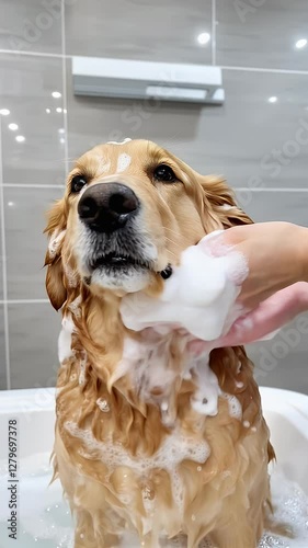A woman bathes a cute dog in the tub, taking care of its hygiene with soap and water.
