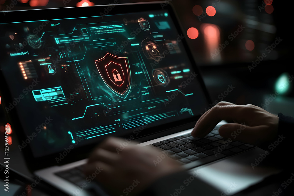 Cybersecurity professional works on a laptop to protect sensitive data with advanced encryption and firewall technology in a secure environment