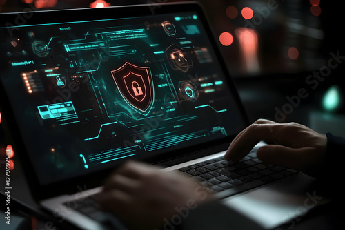 Obraz na płótnie Cybersecurity professional works on a laptop to protect sensitive data with advanced encryption and firewall technology in a secure environment w salonie