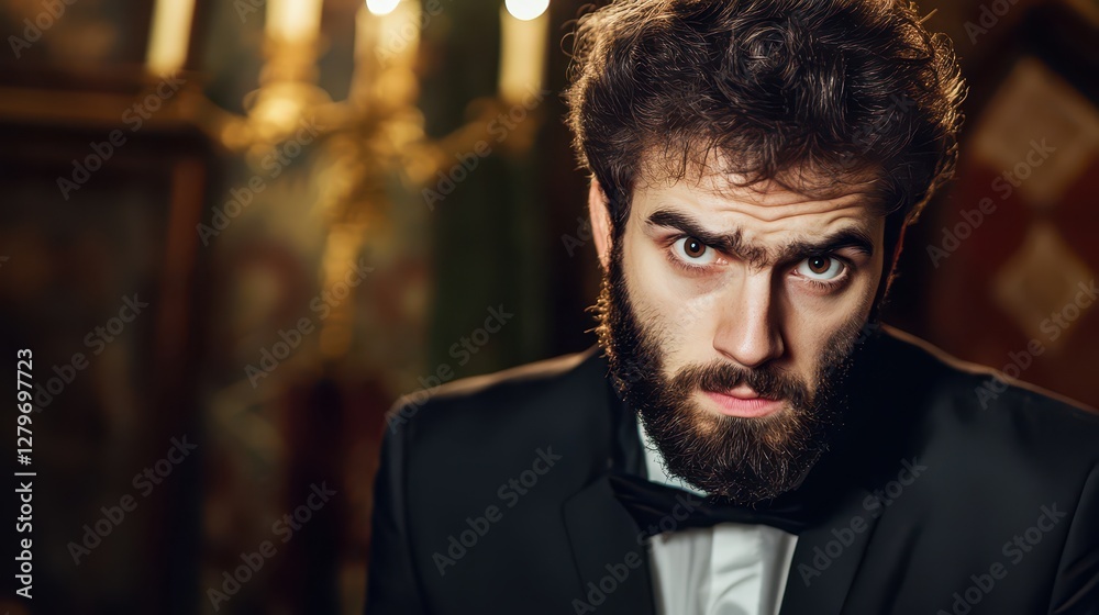 Intense man with beard in formal attire poses Intense man with beard in formal attire poses
