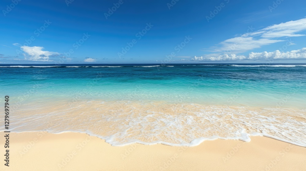 A bright midday beach scene with soft white sand, turquoise waves, and clear blue sky. A bright midday beach scene with soft white sand, turquoise waves, and clear blue sky.