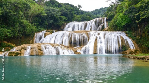 A cascading waterfall with bright sunlight reflecting off the water, deep green jungle creating a natural frame, copy space available.