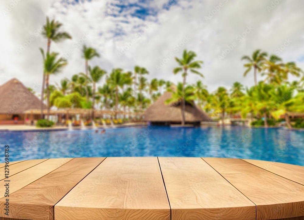 Fototapeta premium Wooden top with Swimming pool background