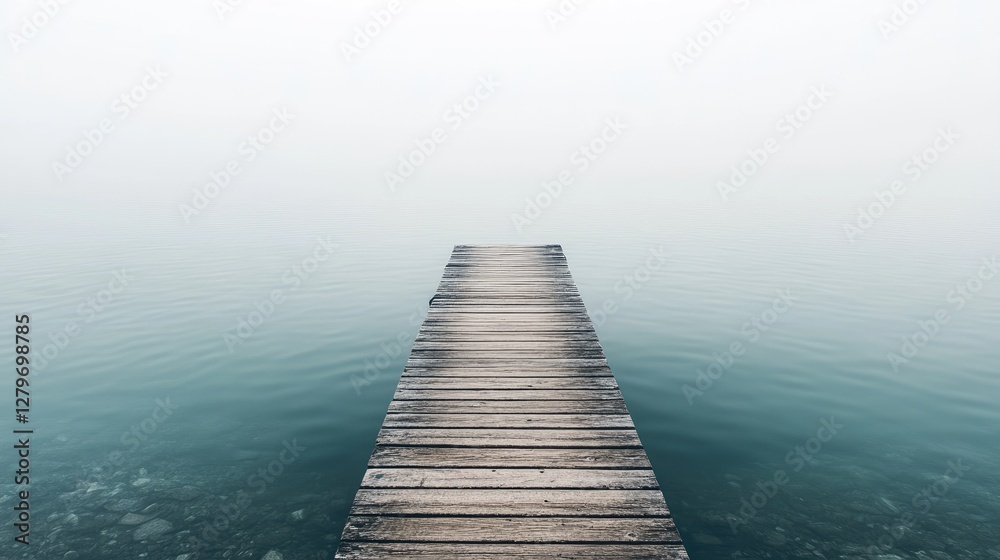 A crystal-clear lake with a wooden pier extending into the water, minimalistic and open for text. A crystal-clear lake with a wooden pier extending into the water, minimalistic and open for text.