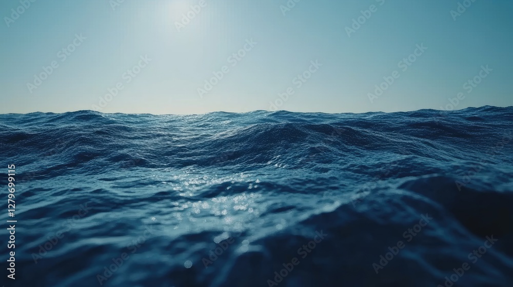 A deep, endless blue ocean, smooth waves rolling under a bright and clear sky, copy space available. A deep, endless blue ocean, smooth waves rolling under a bright and clear sky, copy space available.