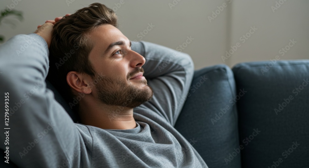 Relaxed Young Man Resting on Sofa in a Calm and Peaceful Mood Relaxed Young Man Resting on Sofa in a Calm and Peaceful Mood