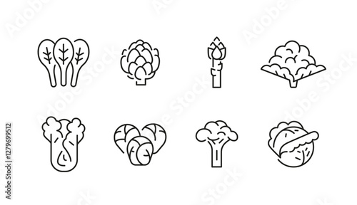 Vegetable icons. Set of 8 vegetable trendy minimal icons. Example: Celery, Mushroom, Tomato, Carrot, Pepper icon. Design signs for web page, mobile app, packaging design. Vector illustration