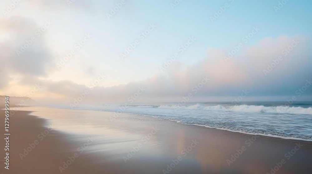 Obraz premium A foggy beach morning with soft mist hovering over smooth wet sand and gentle waves.