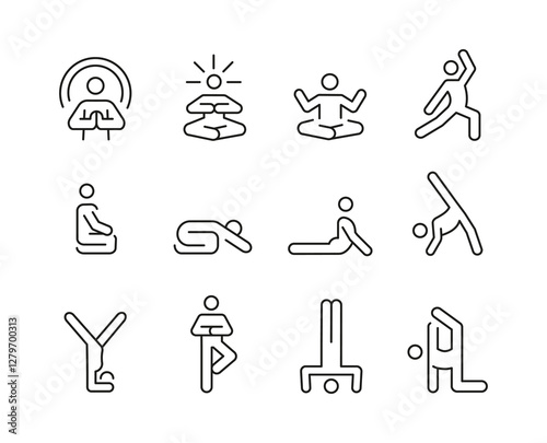 Yoga and meditation icons. 12 of yoga and meditation trendy minimal icons. Yoga Pose, Meditation, Stretching icon. Design signs for web page, mobile app, packaging design. Vector illustration