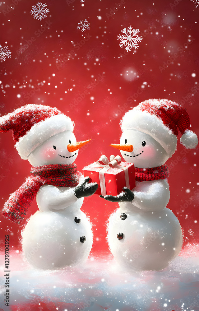 Festive exchange, Two cheerful snowmen exchanging a beautifully wrapped gift amidst a snowy winter wonderland, radiating holiday joy and festive warmth Festive exchange, Two cheerful snowmen exchanging a beautifully wrapped gift amidst a snowy winter wonderland, radiating holiday joy and festive warmth