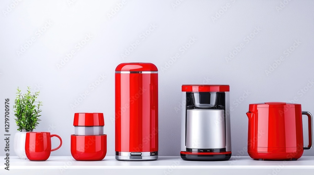 Red coffee maker set on shelf, plant background, kitchen Red coffee maker set on shelf, plant background, kitchen