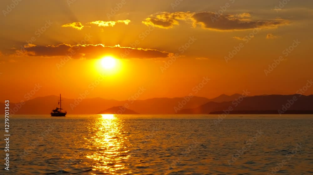 Old ship silhouette against orange horizon. An old wooden touristic ship sailing on calm waves under orange bright sun rays. Old ship silhouette against orange horizon. An old wooden touristic ship sailing on calm waves under orange bright sun rays.