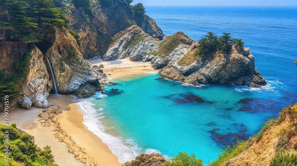 A high-angle view of a beach cove with clear blue water, rocky cliffs, and wide open sky. A high-angle view of a beach cove with clear blue water, rocky cliffs, and wide open sky.