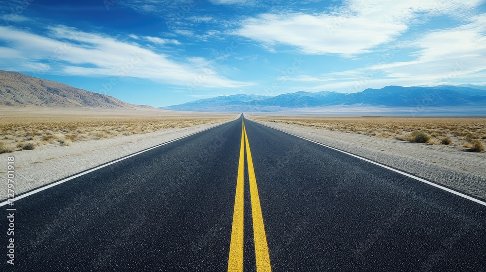 Naklejka premium A lone desert road disappearing into the horizon, minimalistic composition with copy space.