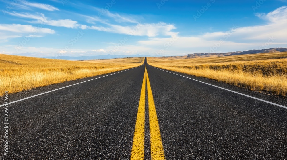 A lone desert road disappearing into the horizon, minimalistic composition with copy space. A lone desert road disappearing into the horizon, minimalistic composition with copy space.
