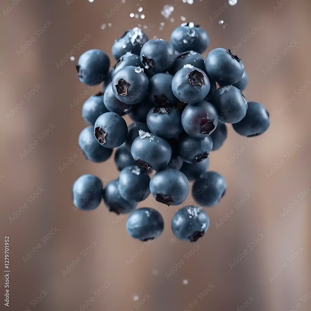 Fresh blueberries are floating against a blurred background softly Fresh blueberries are floating against a blurred background softly