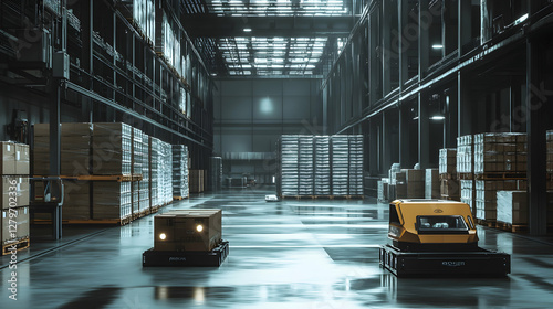 Futuristic warehouse scene showcasing automated guided vehicles moving products, optimizing logistics, and representing the future of efficient distribution and inventory management