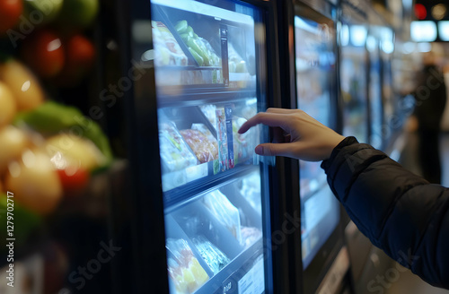 Hand selecting pre-cut vegetables from a refrigerated display case at a grocery store promoting healthy lifestyle and convenience in food preparation photo