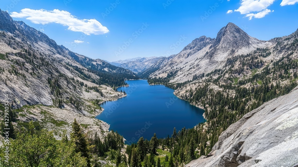 Obraz premium A narrow lake stretching into the distance, flanked by towering mountains and open sky.