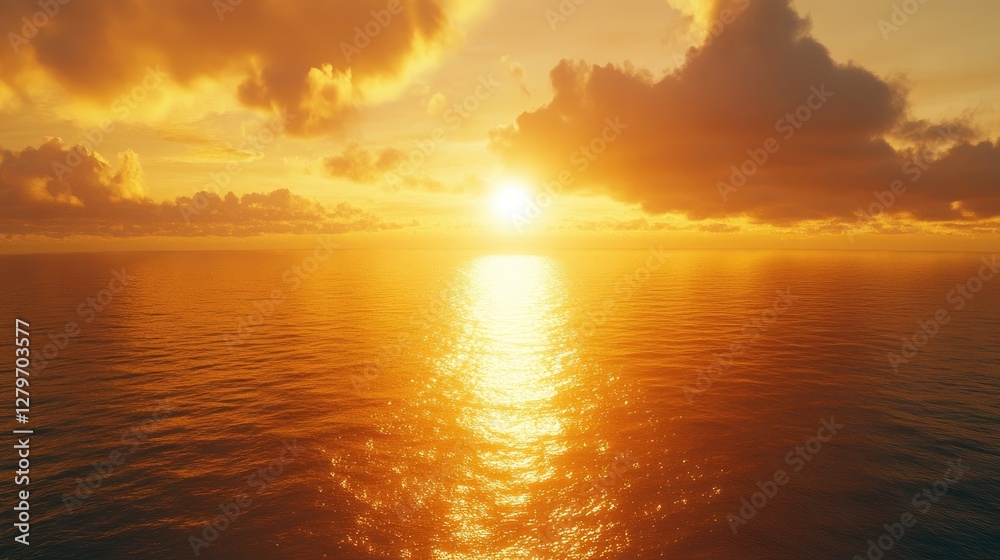 Fototapeta premium A panoramic view of the sea at sunset, soft golden light casting a glow over the calm water.