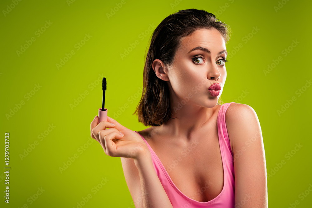 Obraz premium Photo of pretty cute girl hold mascara brush make lips pouted send air kiss on green color background