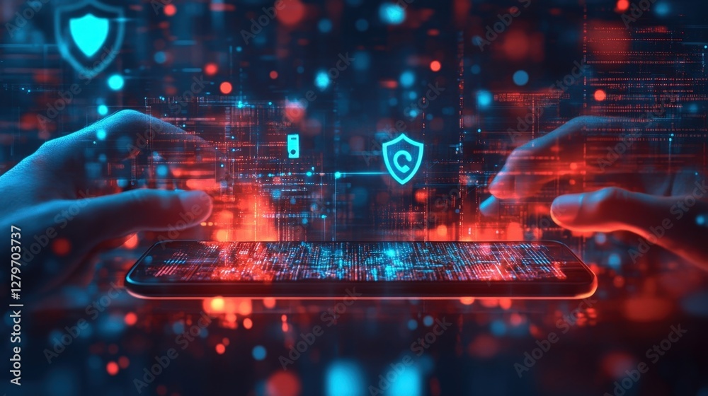 Obraz premium Two software developers are securing sensitive data on a mobile phone. Implementing an advanced cybersecurity system to protect against evolving digital threats in a complex technological environment