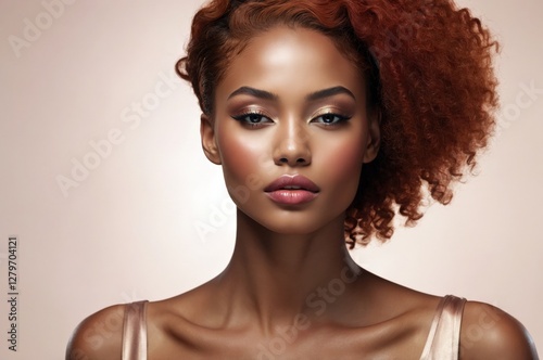 Beautiful confident photo model showcases vibrant makeup against a pastel color background in a studio setting, people and skincare, fashion theme concept.  
