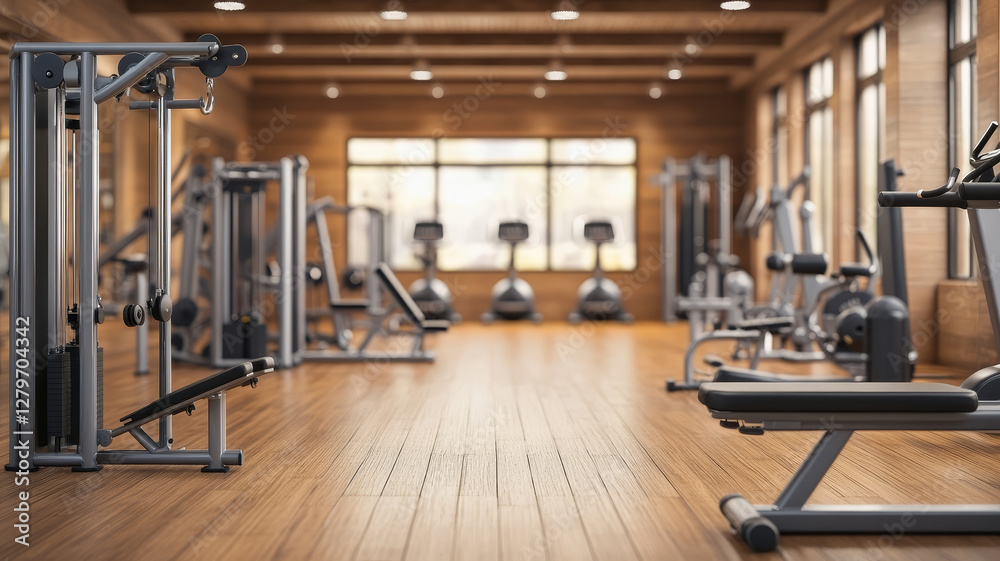 Exercise machines in spacious empty gym interior. Special modern equipment for physical training Exercise machines in spacious empty gym interior. Special modern equipment for physical training