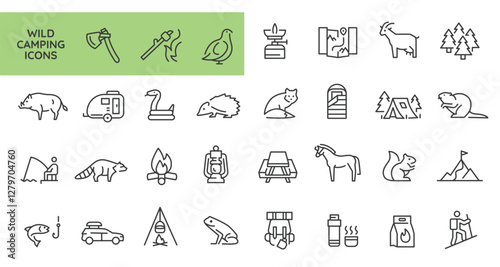 Wild camping icons. Set of 31 trendy minimal camping icons including Fire, Tent, Axe, Lantern, Backpack icon. Design signs for web page, mobile app, packaging design. Vector illustration.