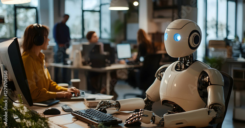 The Future of Work, A Robot Sits at a Desk in a Modern Office with Colleagues, Highlighting the Integration of AI and Automation in Professional Settings