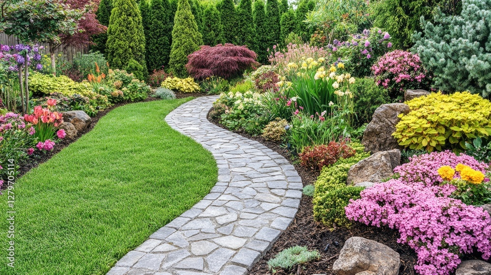 Obraz premium A quiet garden landscape with a winding stone path through lush greenery, open space for text.