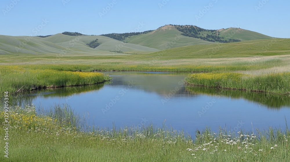 A reflective lake with rolling hills in the distance, open composition perfect for copy space. A reflective lake with rolling hills in the distance, open composition perfect for copy space.