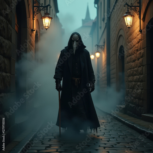 A masked plague doctor dressed in black attire is strolling through a foggy street lit by vintage lanterns, evoking feelings of history, mystery, and gothic ambiance in a night time setting