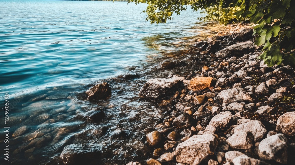 Obraz premium A rocky shoreline with gentle lake waves lapping against smooth stones, space for text overlay.