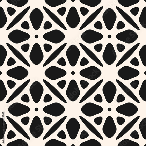 Black and white seamless pattern. Simple vector monochrome geometric floral ornament. Abstract background texture with bold flower silhouettes, leaves, lattice, rounded shapes, tiles. Repeated design