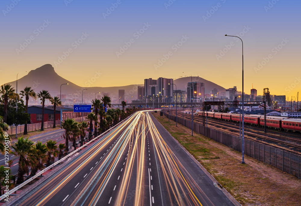 N1 Highway Light Trails Stretching from Cape Town City on a Hazy Day, South Africa