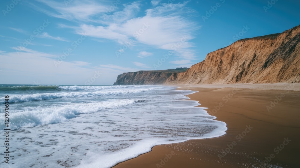 A secluded beach with dramatic cliffs and foamy waves crashing along the shoreline. A secluded beach with dramatic cliffs and foamy waves crashing along the shoreline.