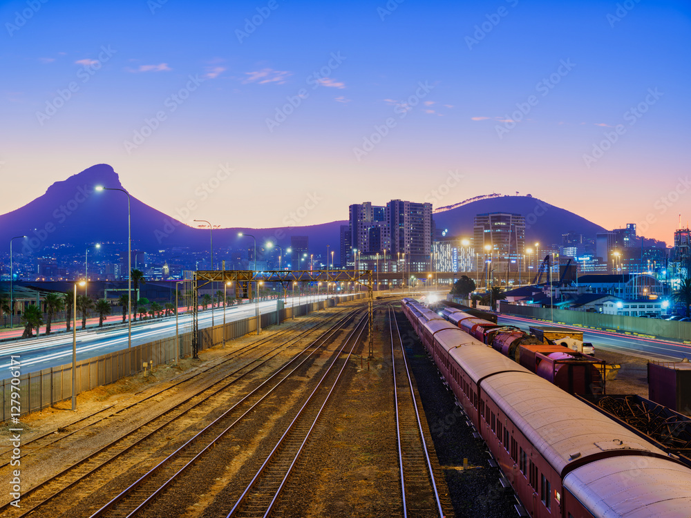 Train Lines Leading to Cape Town City Lit Up at Night, South Africa