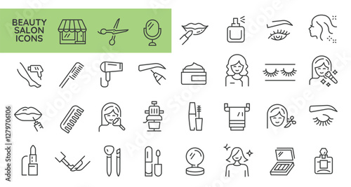 Beauty salon icons. Set of 31 beauty trendy minimal icons. Example: Eye, Lipstick, Haircut, Eyebrow, Perfume icon. Design signs for web page, mobile app, packaging design. Vector illustration.
