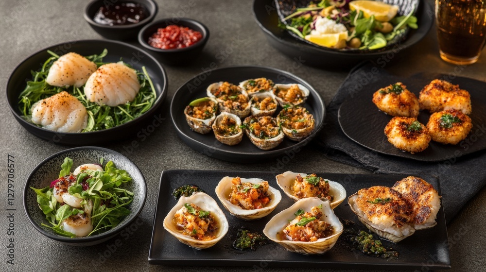 A vibrant spread of gourmet seafood dishes on elegant black plates, with fresh salads and sauces A vibrant spread of gourmet seafood dishes on elegant black plates, with fresh salads and sauces