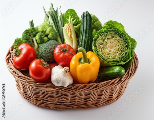 Fresh vegetables in the basket, white background, and in the kitchen. Slicing Vegetables in the kitchen, fresh Vegetables are a delicious and healthy way to nourish your body