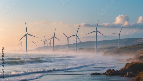 Wind turbines generate renewable energy along the coastal shore during early morning light photo